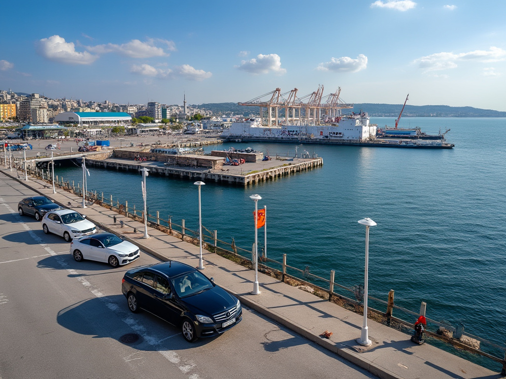 Scenic view of Varna Port with a rental car