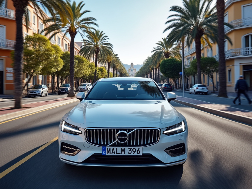 Car driving on a palm-lined Malaga street