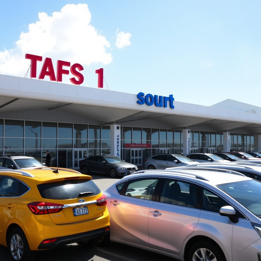 Tenerife South Airport terminal exterior with parked cars