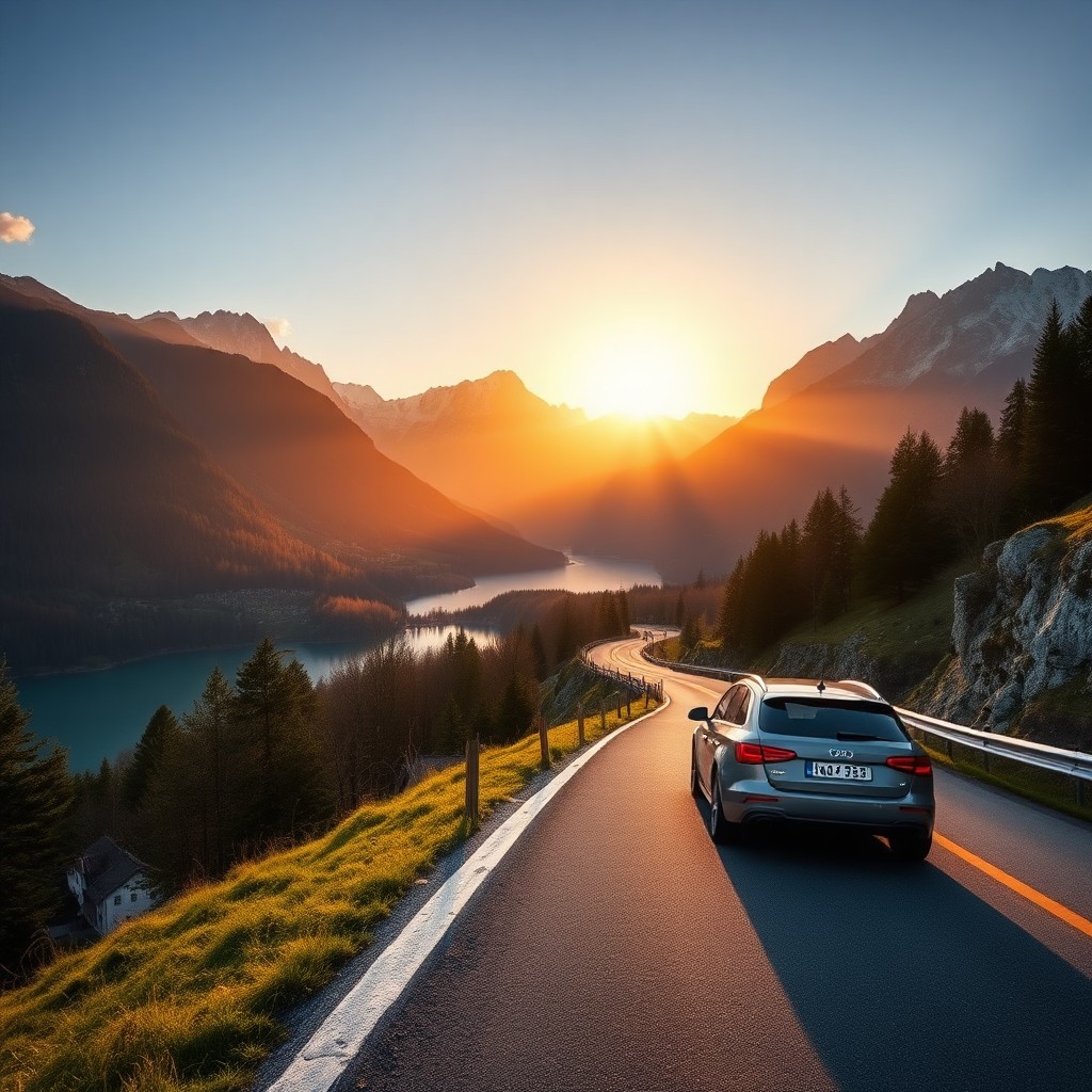 Car hire in Austria beside an Alpine lake and mountain road