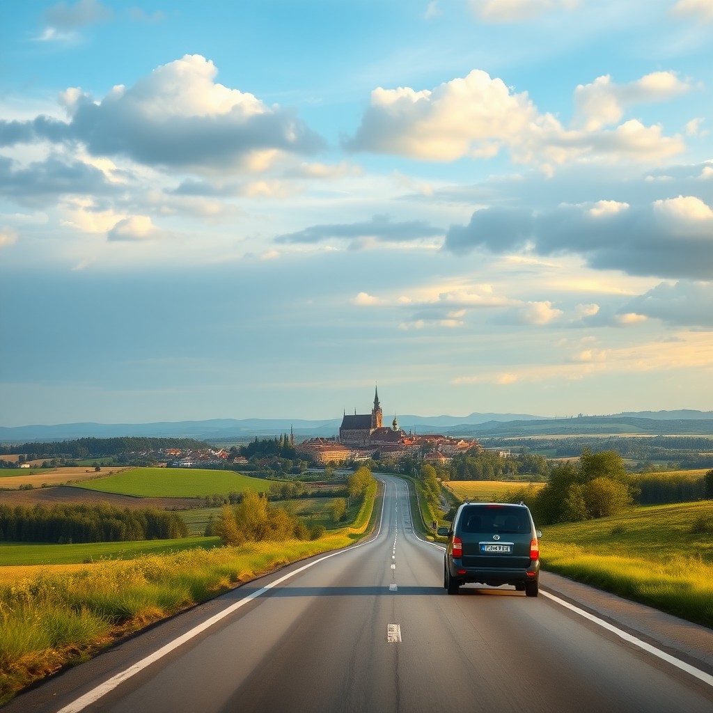 Car hire Poland scenic road trip near historic city skyline