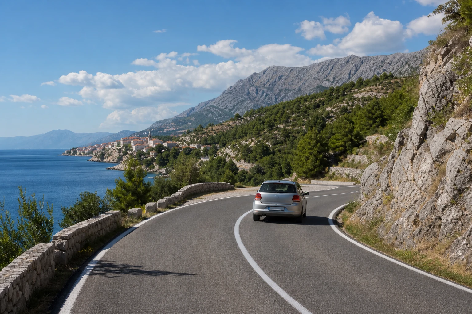 Rental car on a coastal road overlooking the Croatian Adriatic