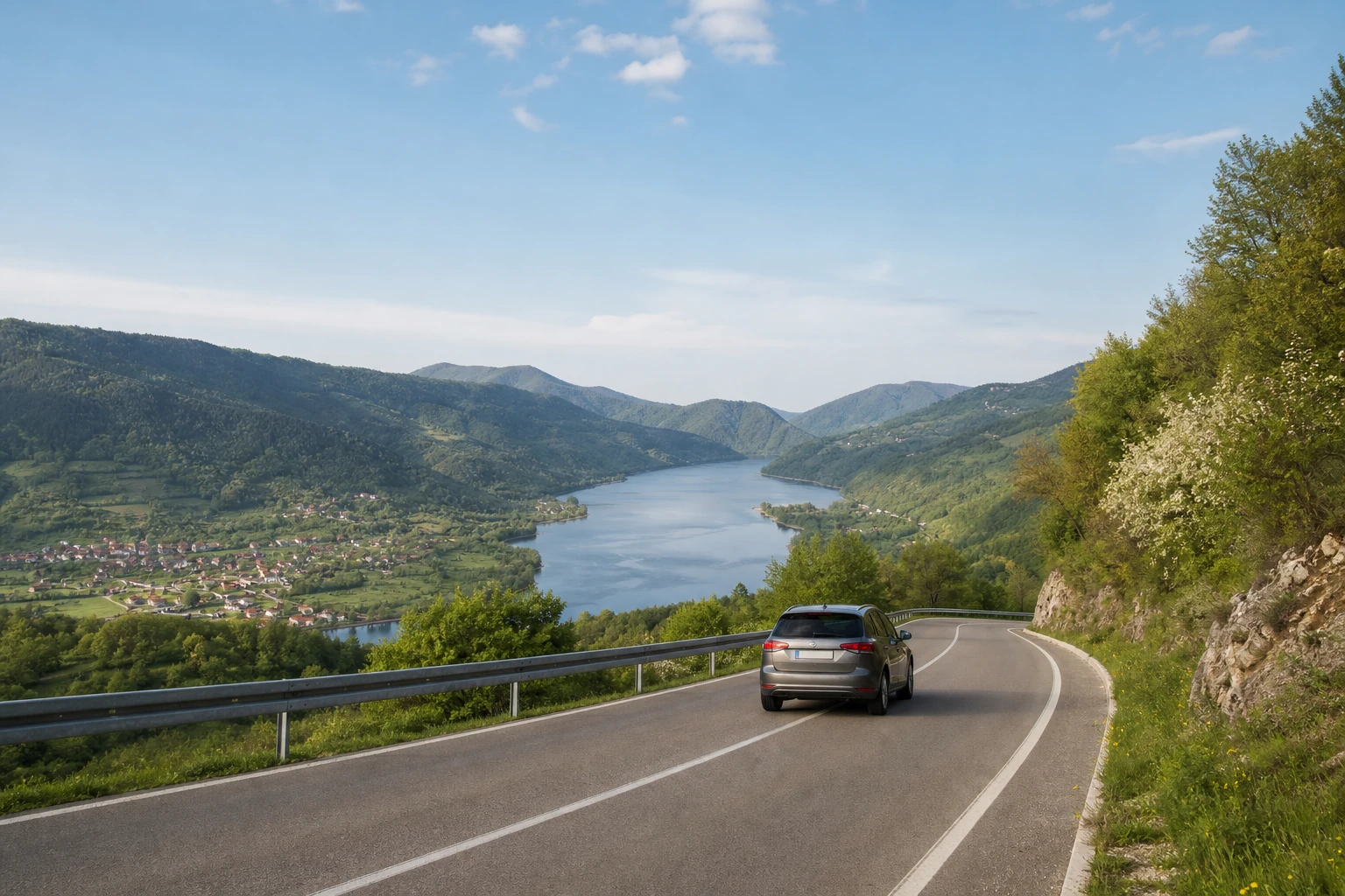Rental car on a road through Kosovo's green mountain valley