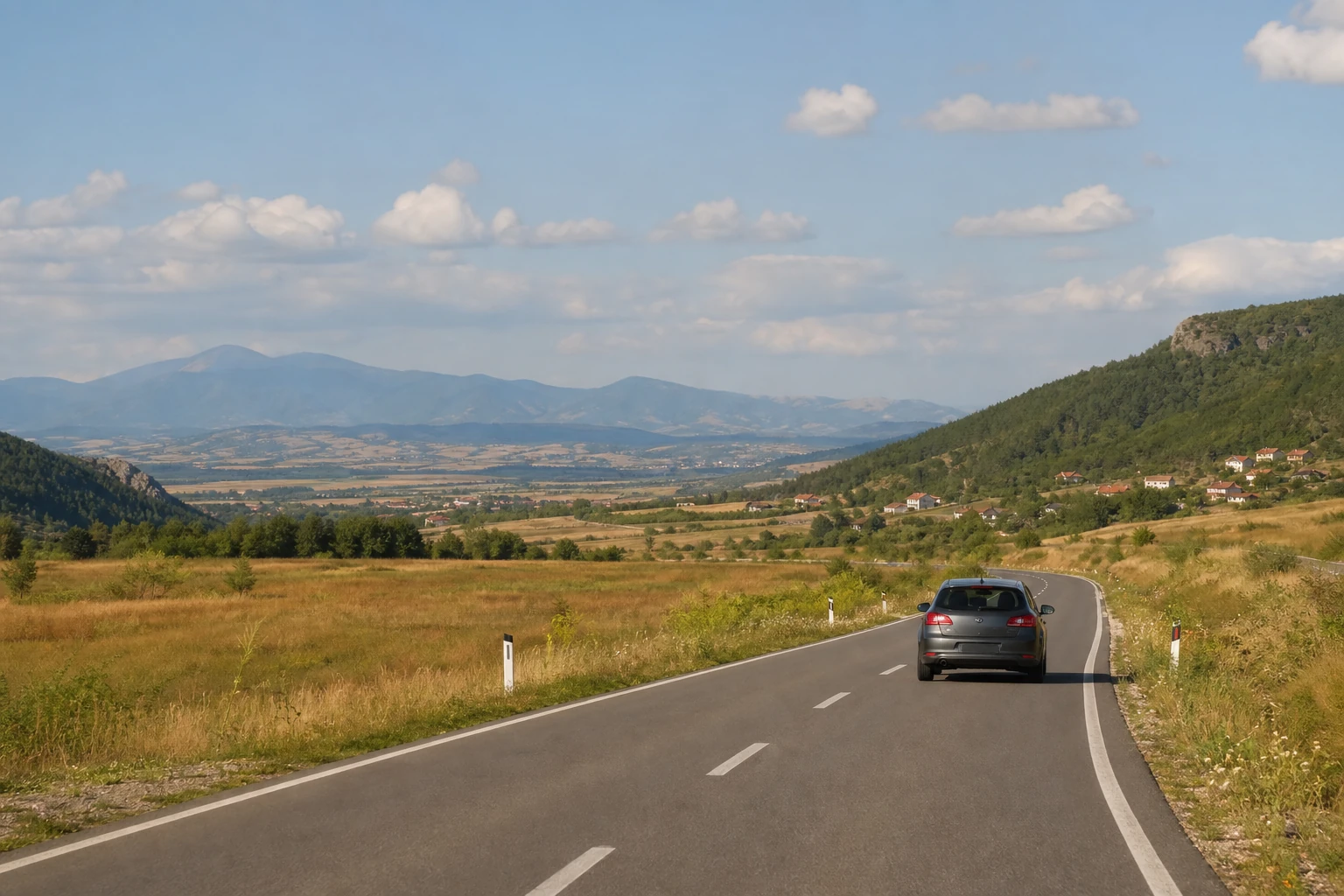 Rental car on a road through a North Macedonian valley