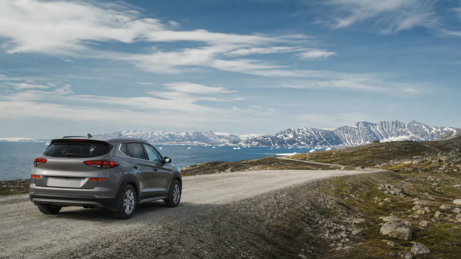 Illustrative Greenland road-trip scene for Nuuk Car Hire