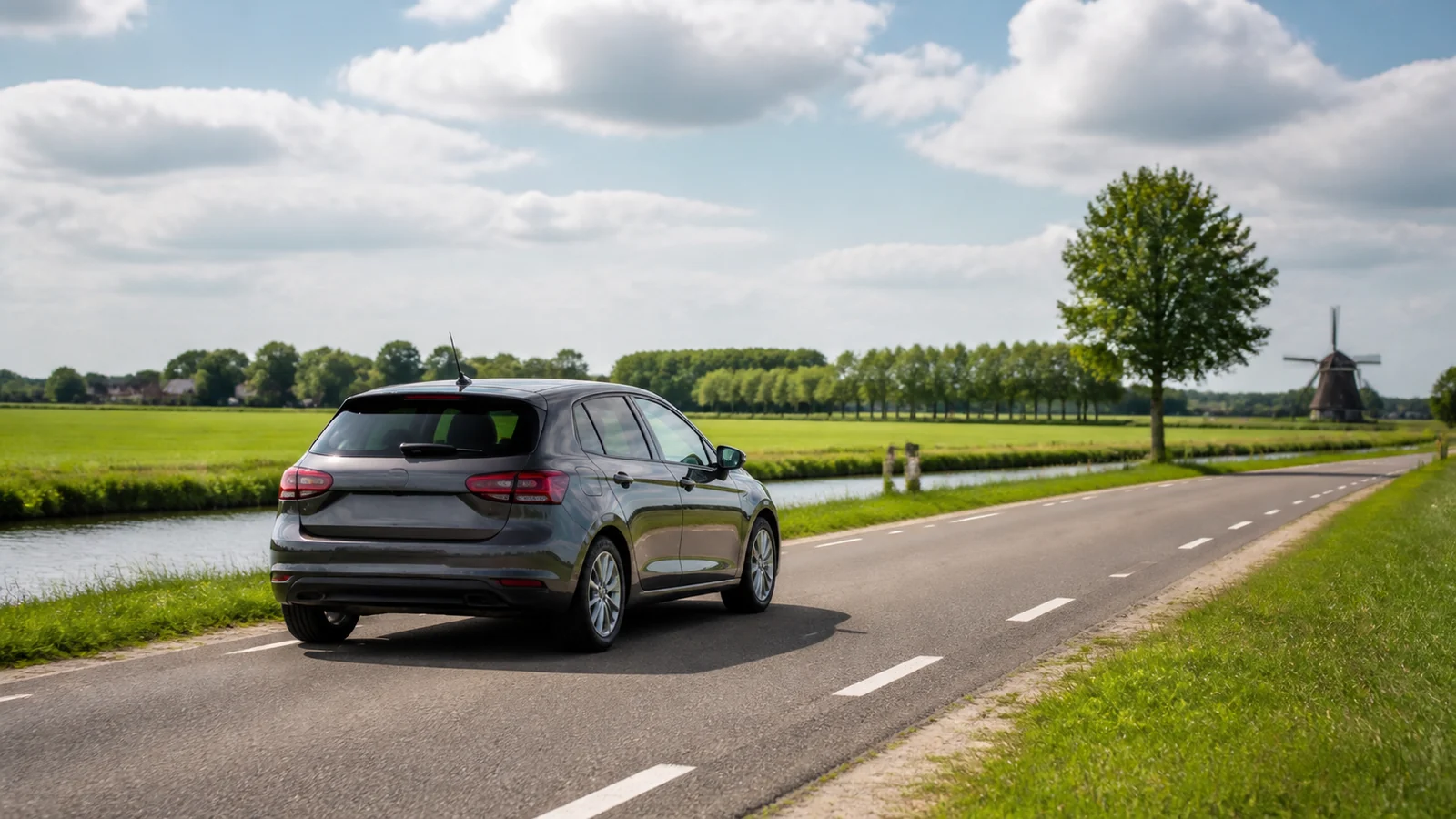 Illustrative Netherlands road-trip scene for Almere Car Hire