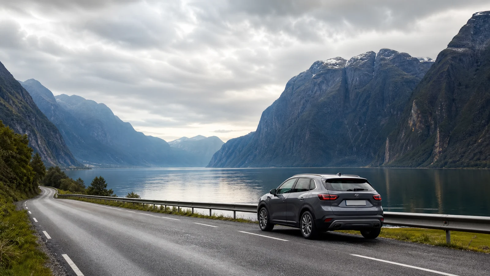 Illustrative Norway road-trip scene for Bergen Airport Car Hire