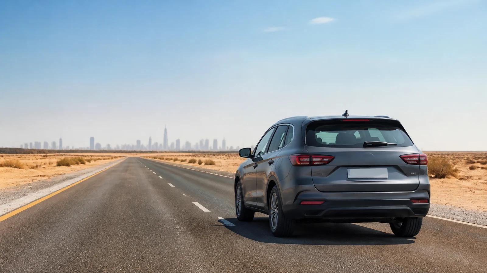 Illustrative UAE road-trip scene for Abu Dhabi Downtown Car Hire