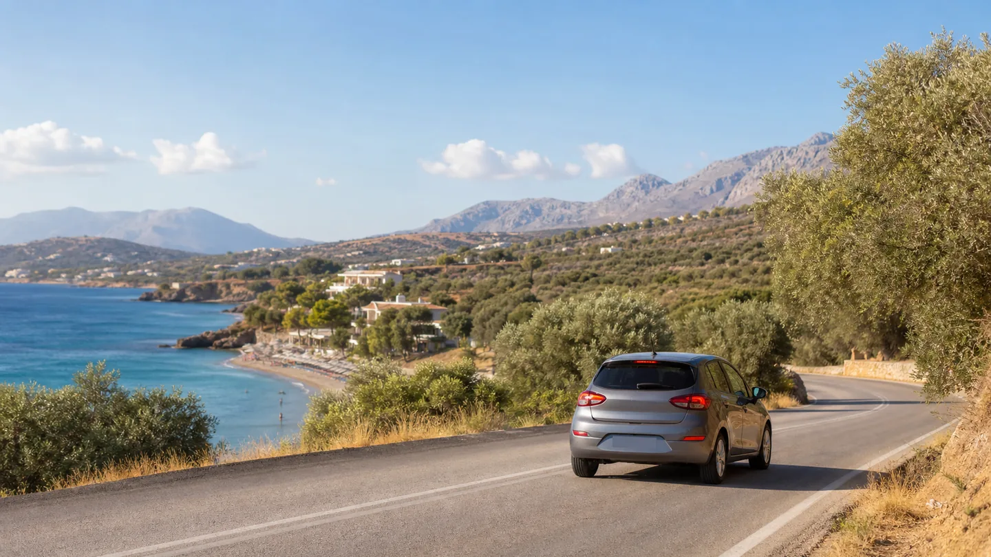 Rental car on a coastal road near Agia Marina in western Crete