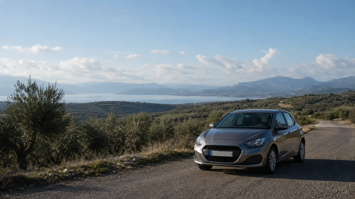 Rental car on a rural road near Agrinio in western Greece
