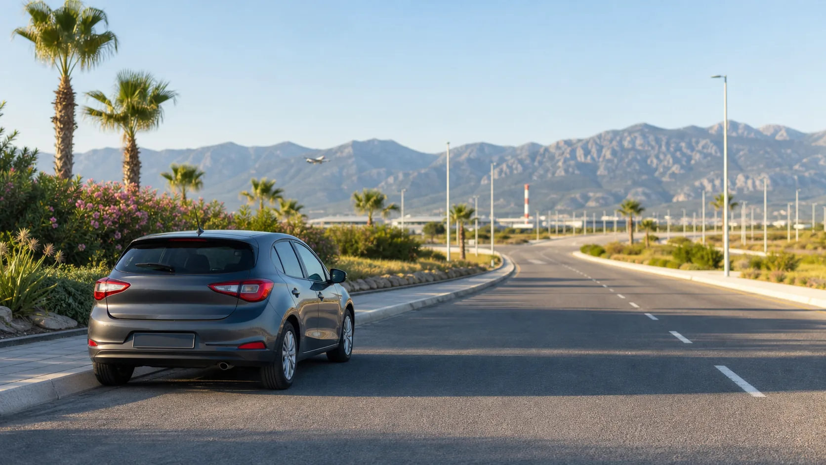 Illustrative rental car on a Mediterranean airport access road with mountains beyond