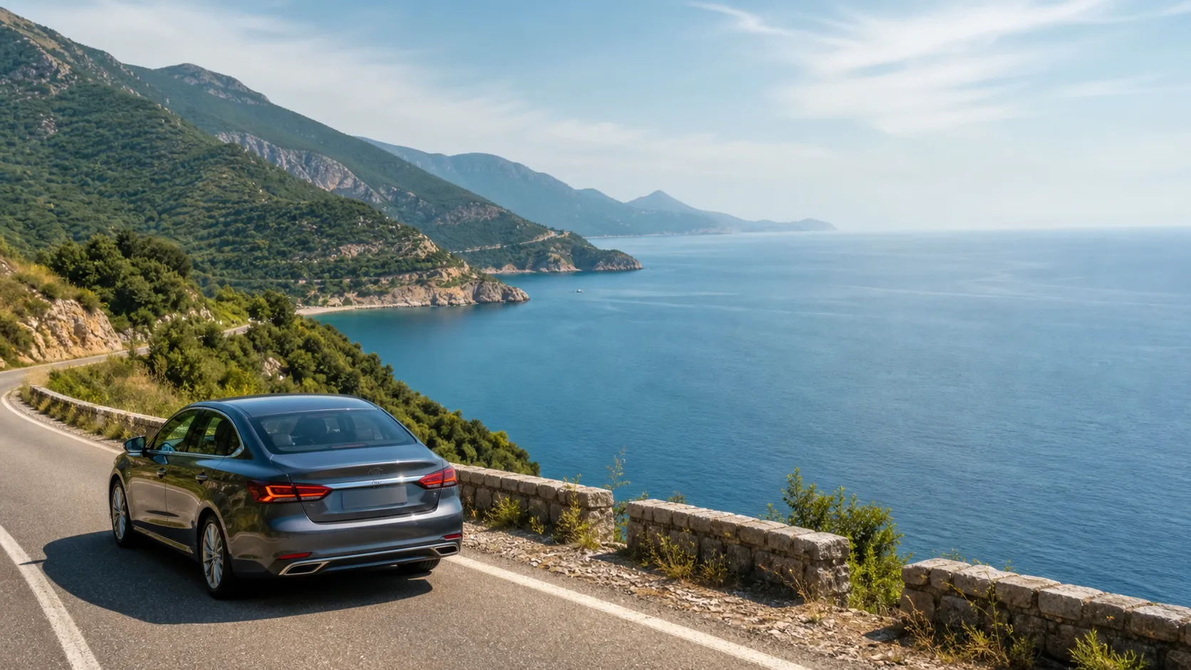 Rental car on a coastal road above the Adriatic near Becici in Montenegro