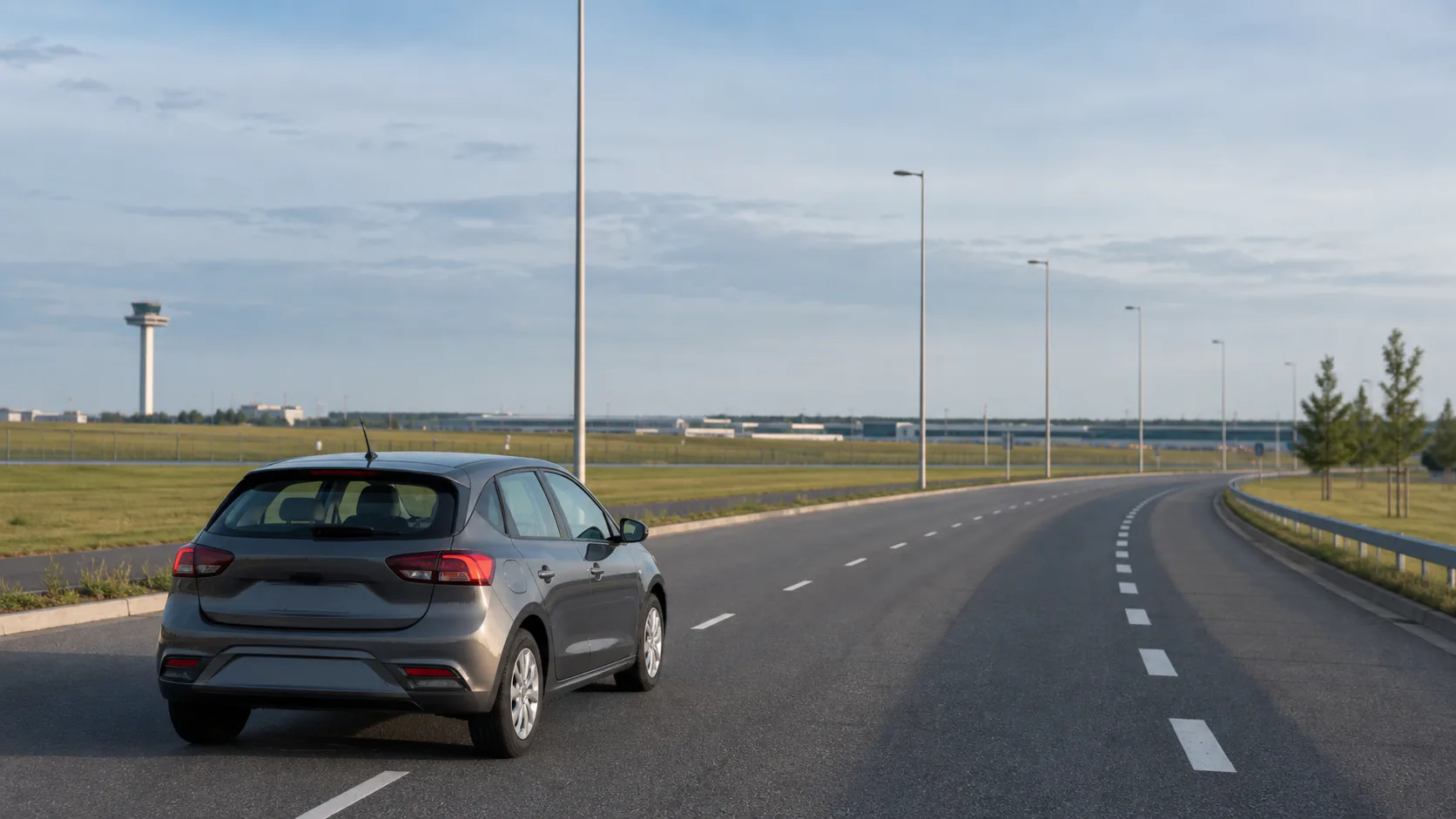Illustrative rental car on an airport access road with distant Berlin-Brandenburg countryside