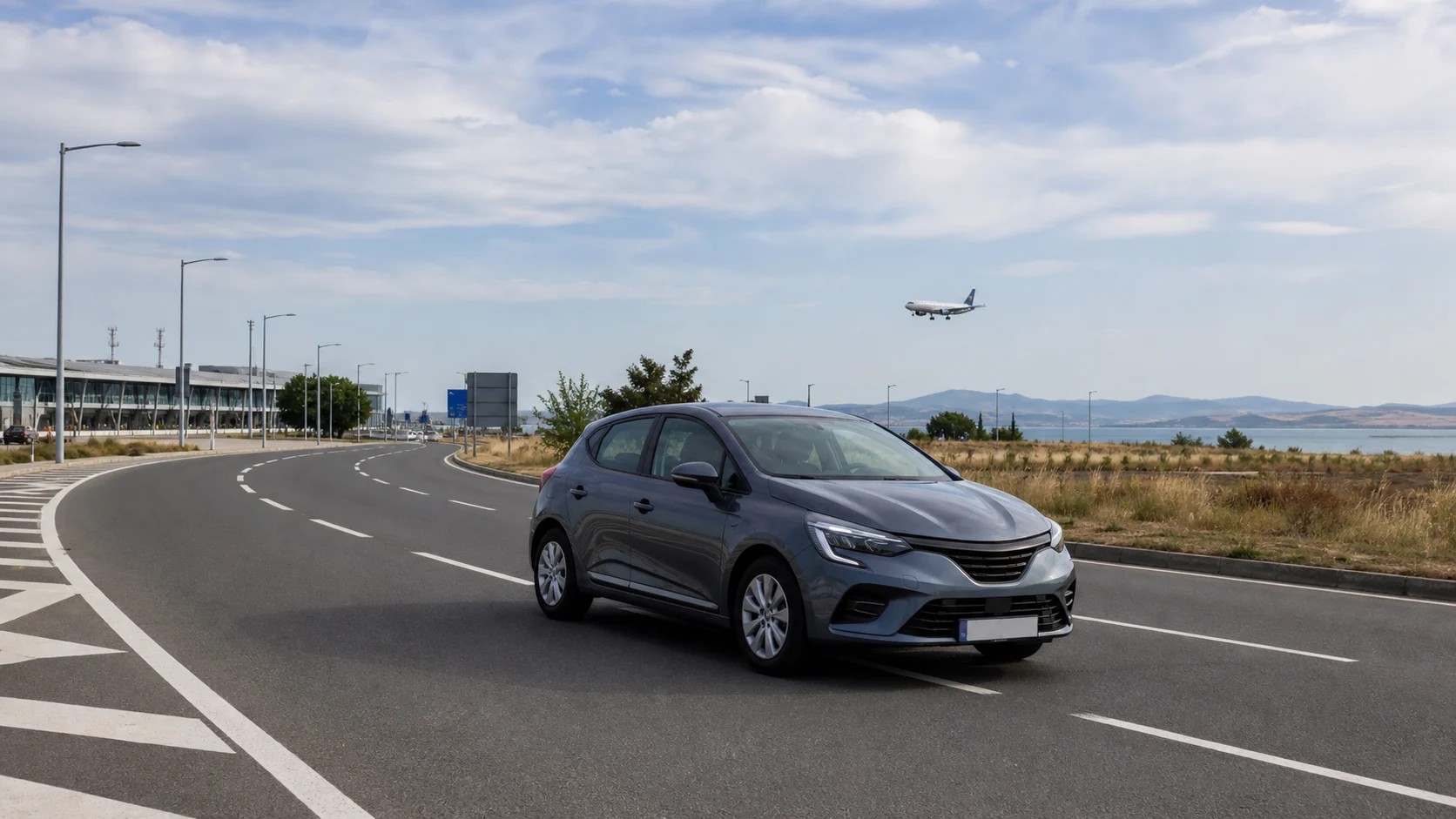 Rental car on the access road outside Burgas Airport beside Bulgaria's Black Sea coast