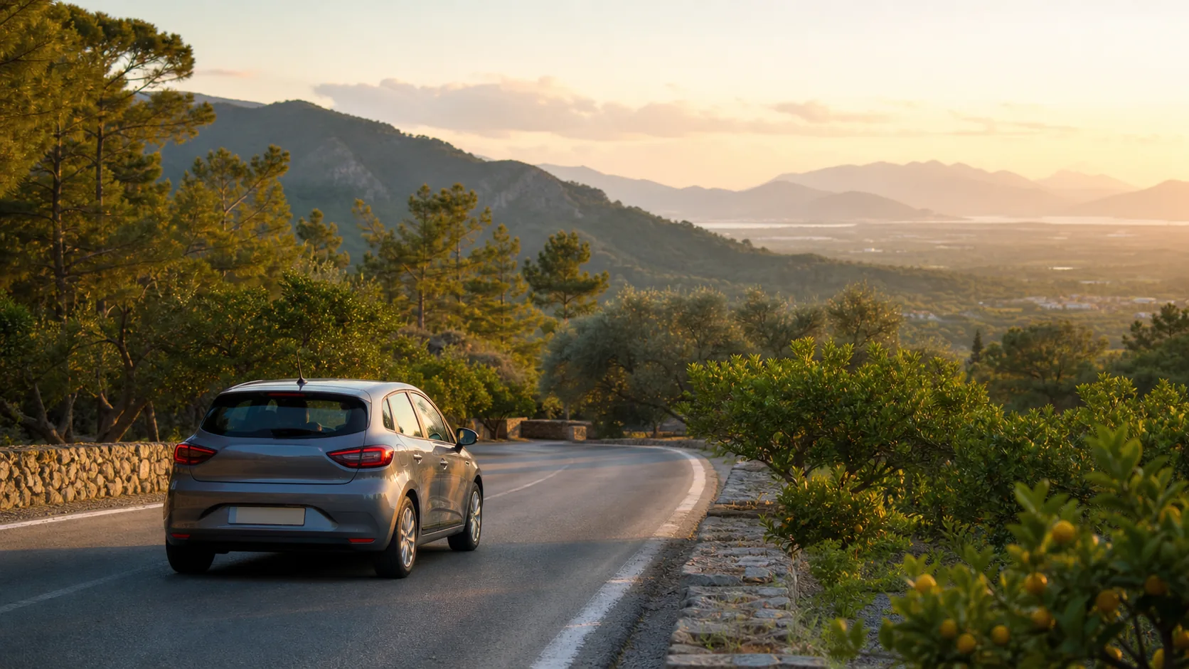 Illustrative rental car on a pine-lined Mediterranean road above a broad valley