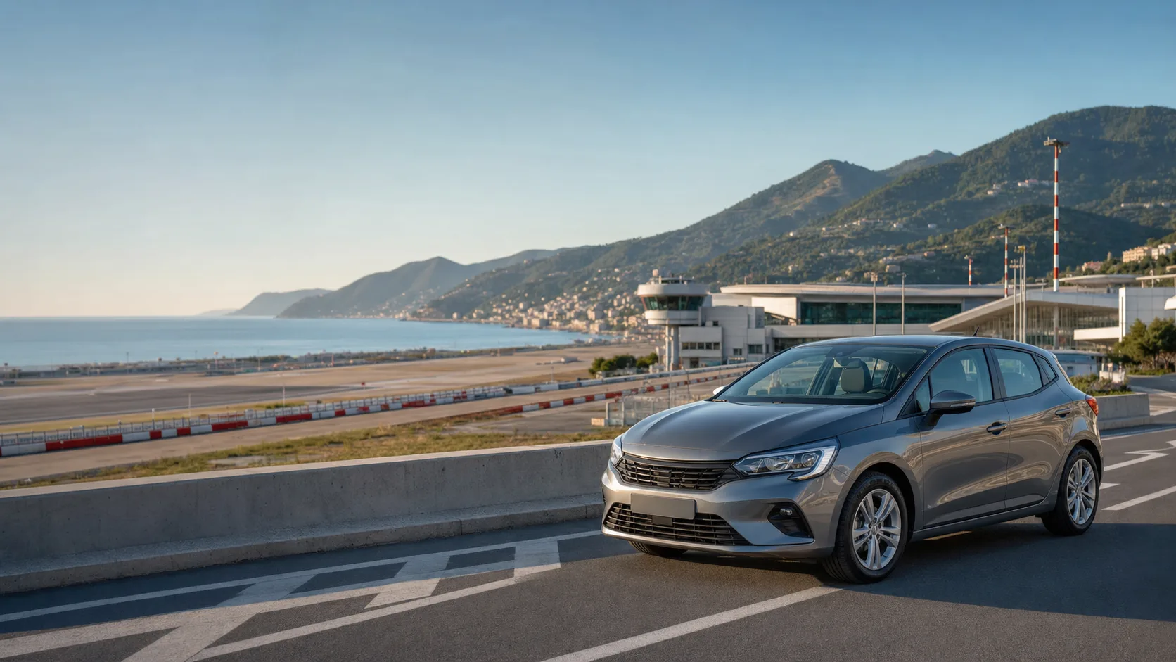 Illustrative compact rental car on a coastal access road near Genoa Airport