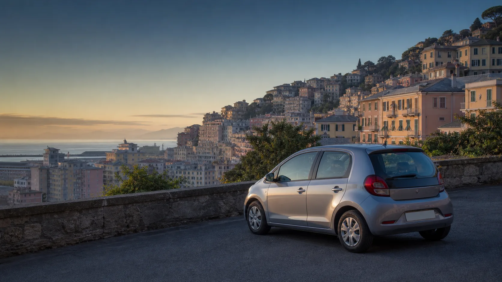 Illustrative compact rental car overlooking Genoa's Ligurian hillside and harbour