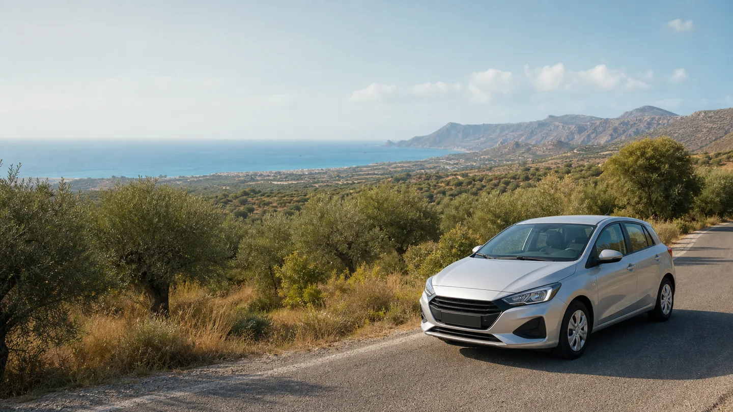 Rental car on a coastal road near Kissamos in western Crete