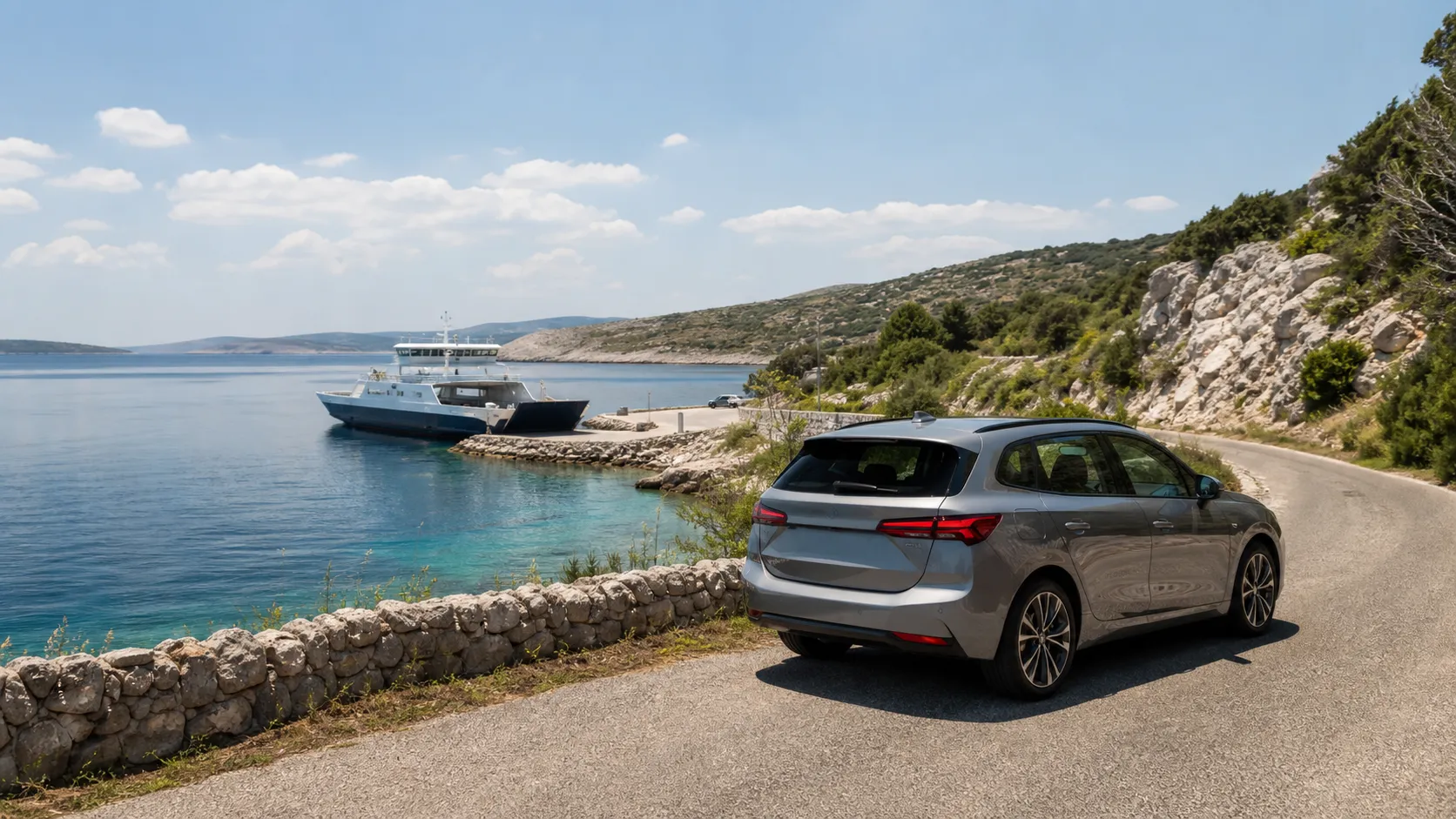 Rental car on a coastal road near a ferry arrival on Krk Island in Croatia