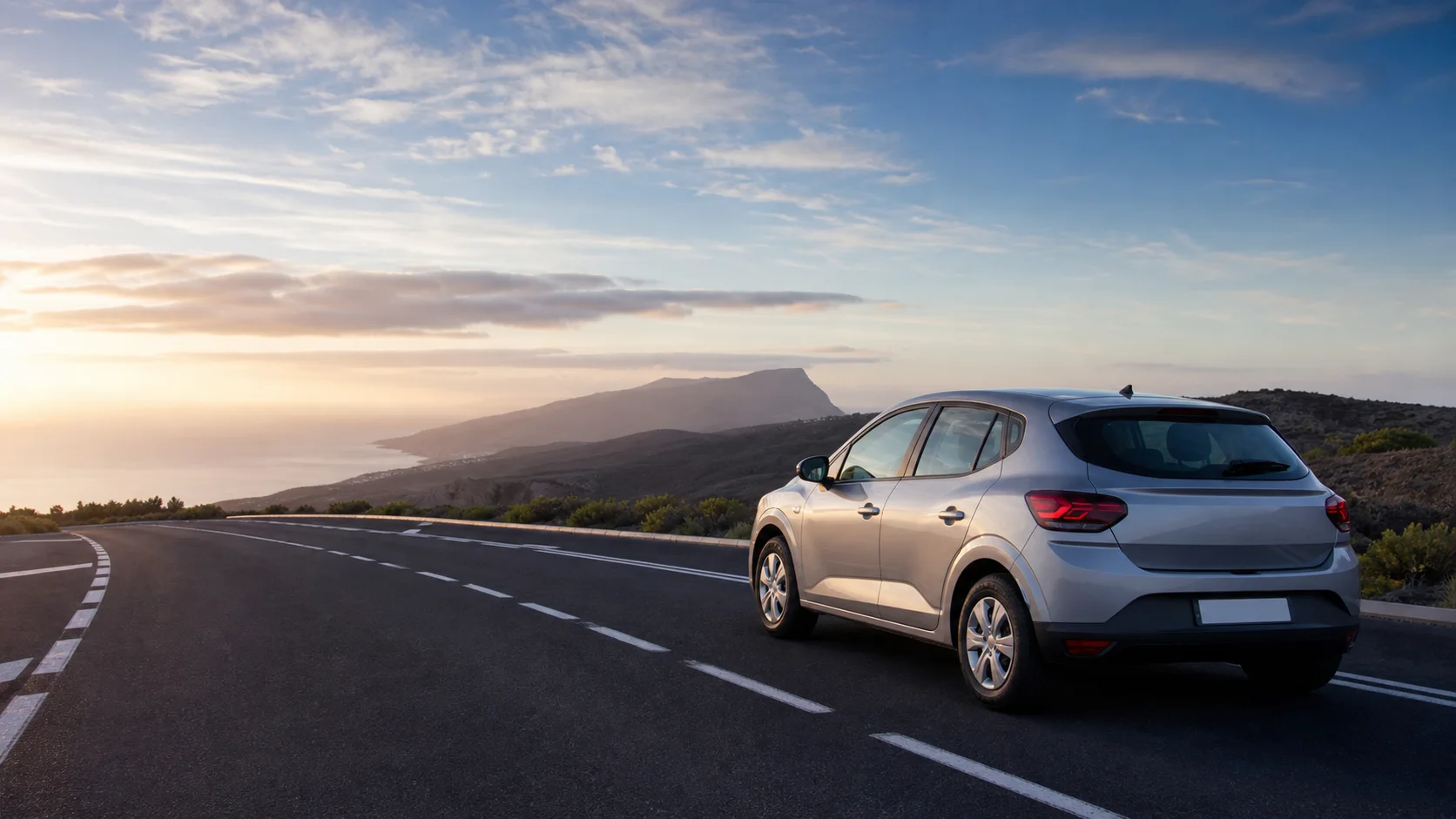 Illustrative rental car on an airport access road with volcanic La Palma scenery