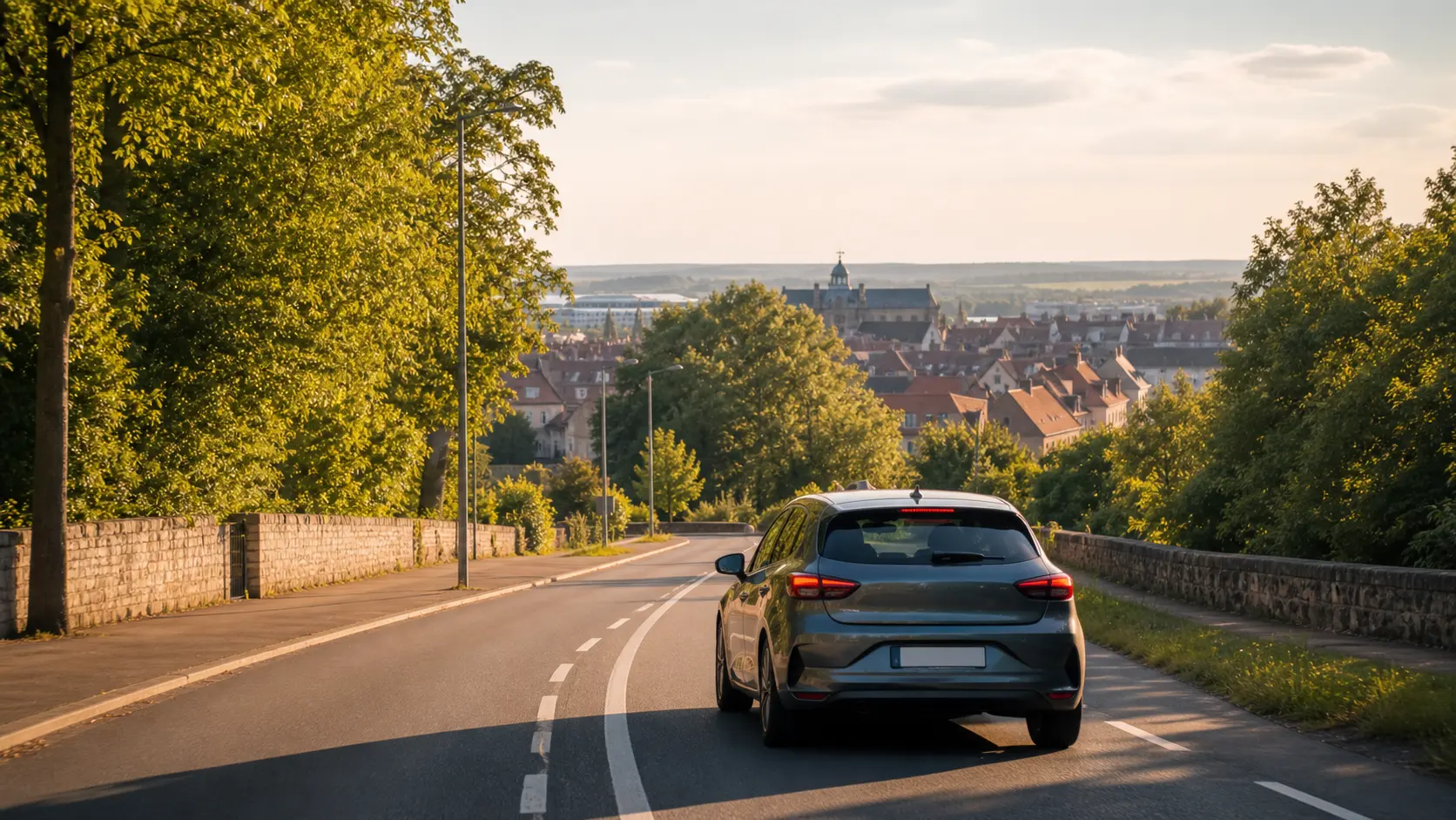 Rental car on a tree-lined road approaching Le Mans in France