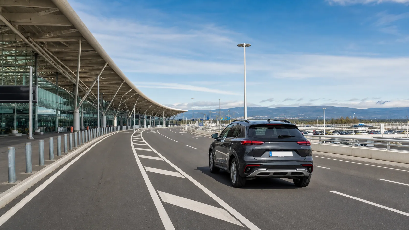 Rental car leaving Lyon Saint-Exupery Airport on a marked access road