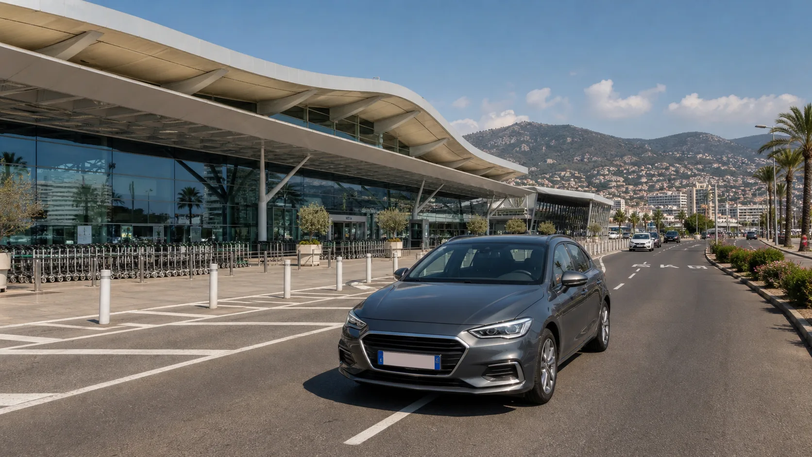 Rental car on the access road beside Nice Airport with Mediterranean hills behind