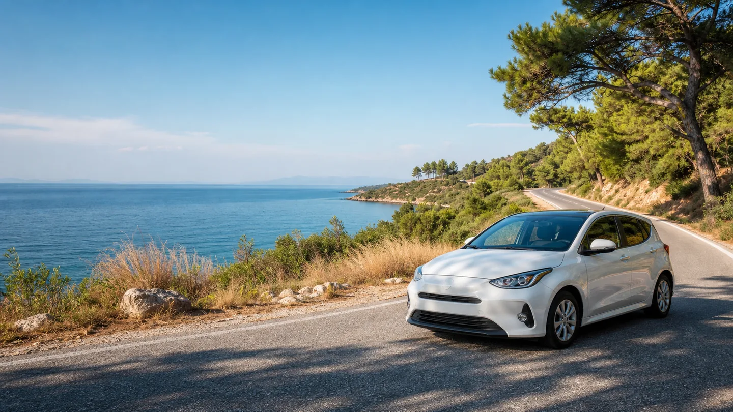 Rental car on a coastal road near Nikiti in Sithonia