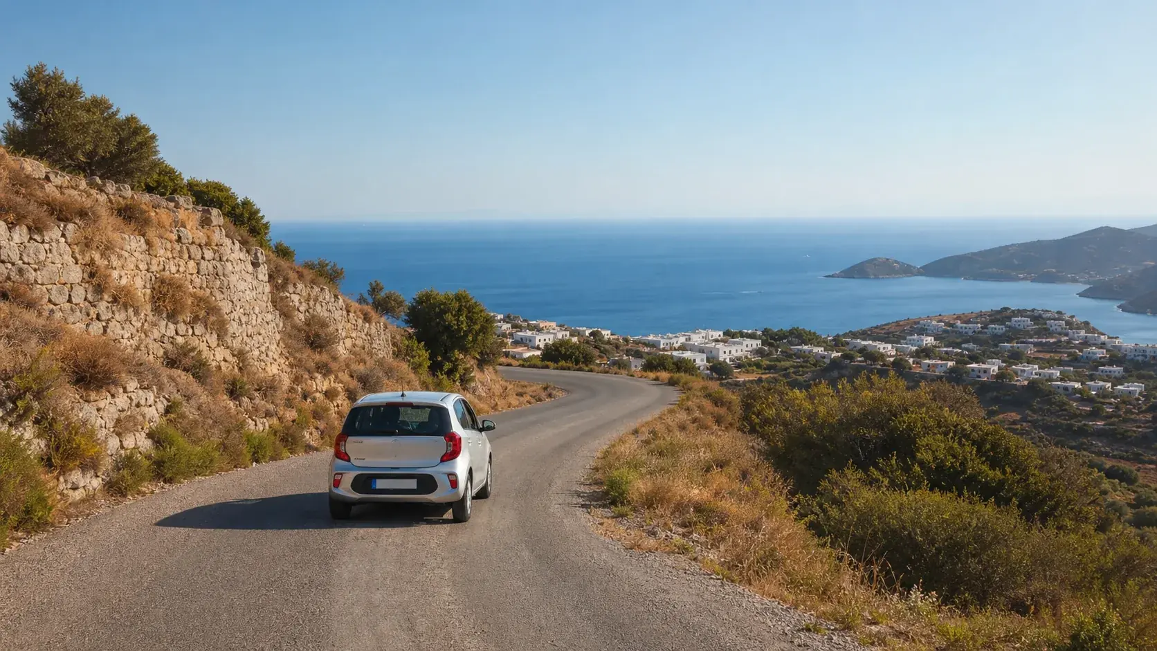 Illustrative rental car on a winding Patmos island road above the Aegean