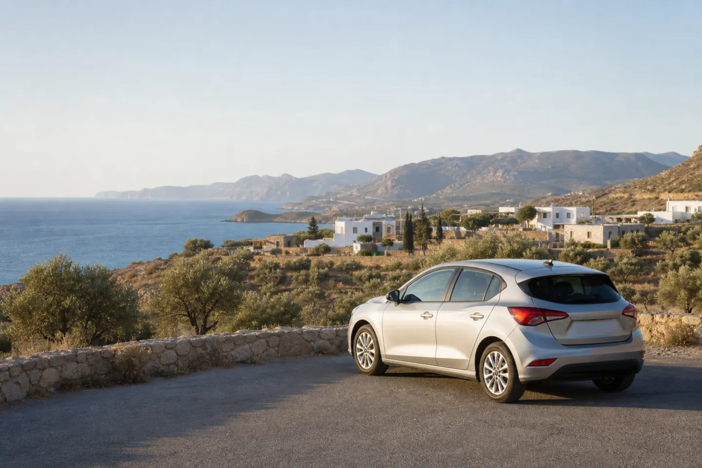 Rental car on a Mediterranean island road for a Rhodes journey