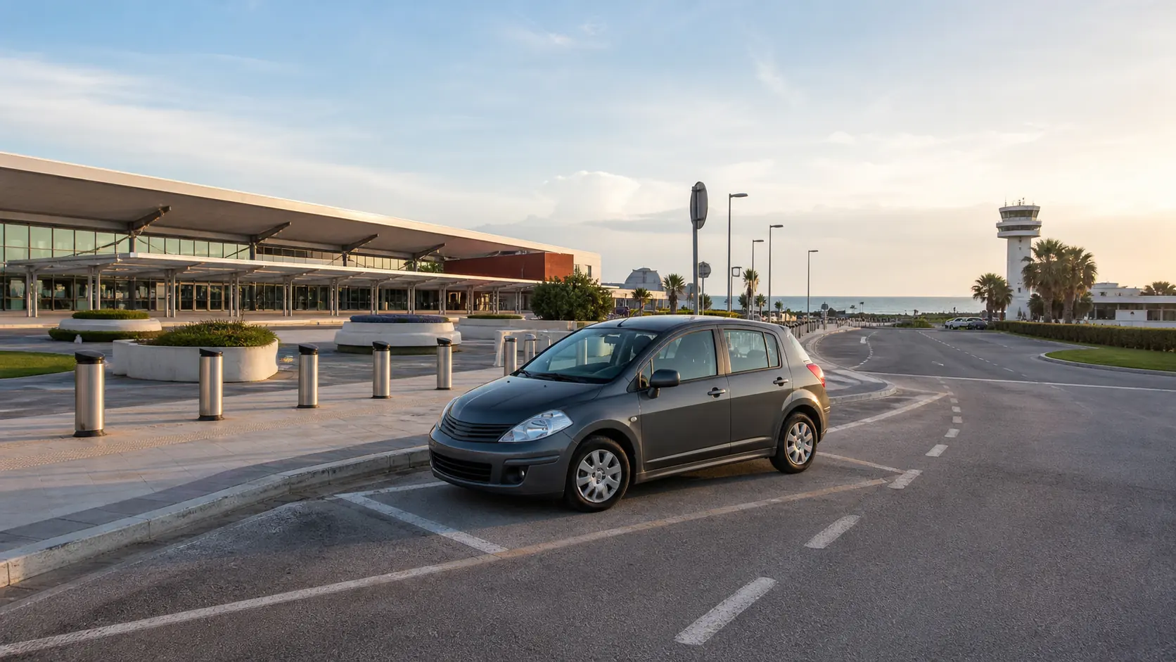 Illustrative rental car on an airport access road near Rimini and the Adriatic coast