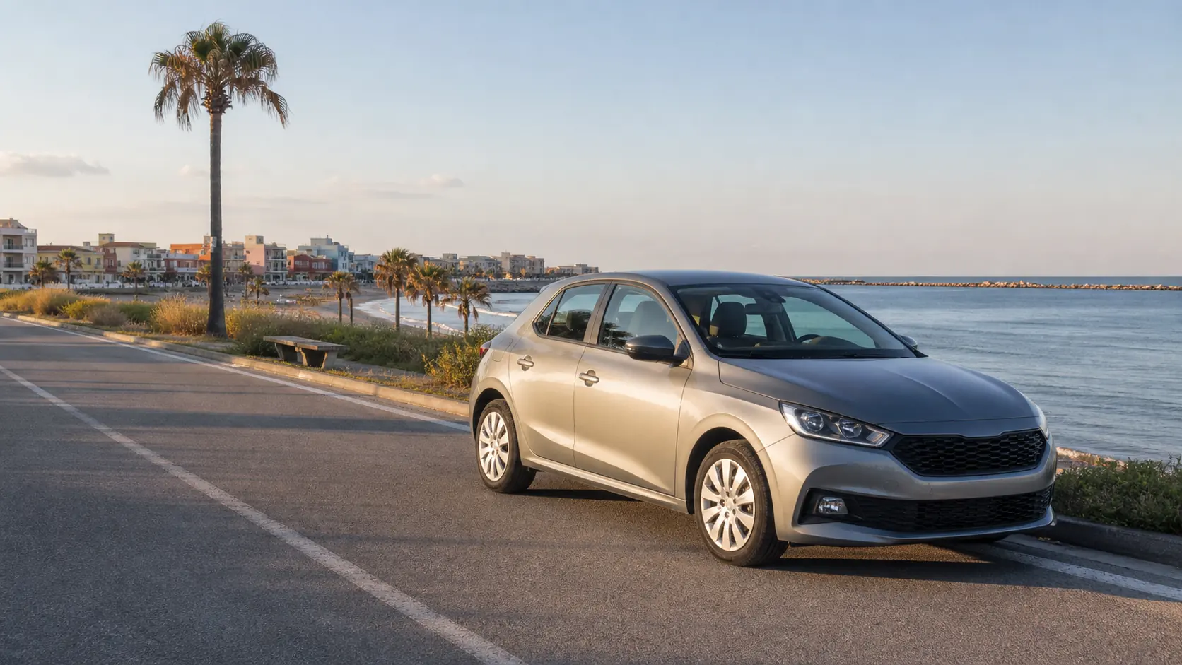 Illustrative rental car on a coastal road beside the Adriatic near Rimini
