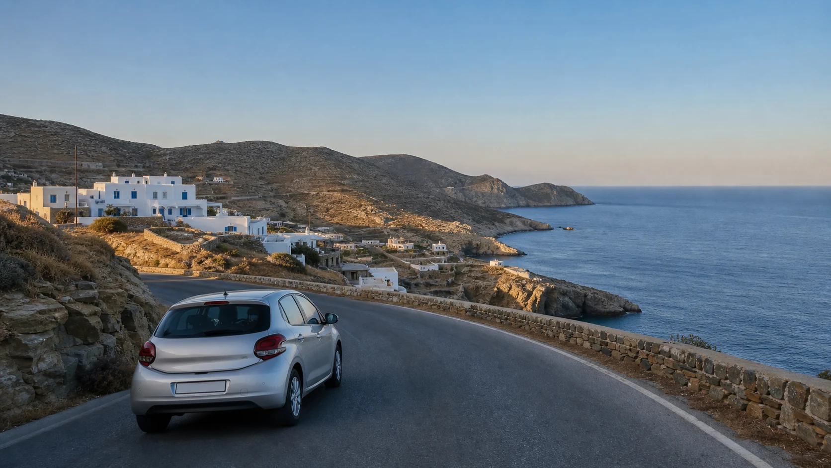 Illustrative rental car on a coastal road above the Aegean on Sifnos