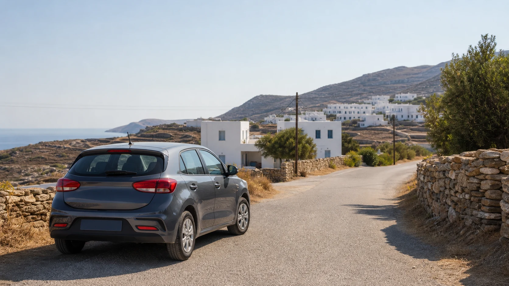 Illustrative rental car on a quiet road beside white Cycladic houses on Sifnos