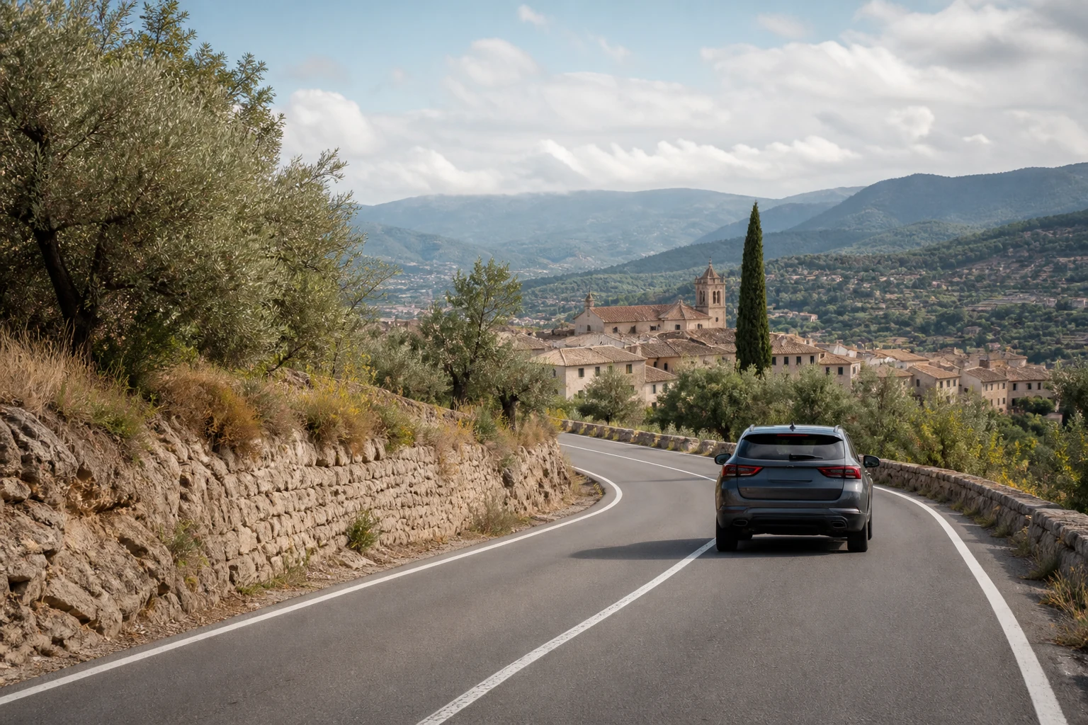 Rental car on a winding Spanish road through a Mediterranean hillside landscape