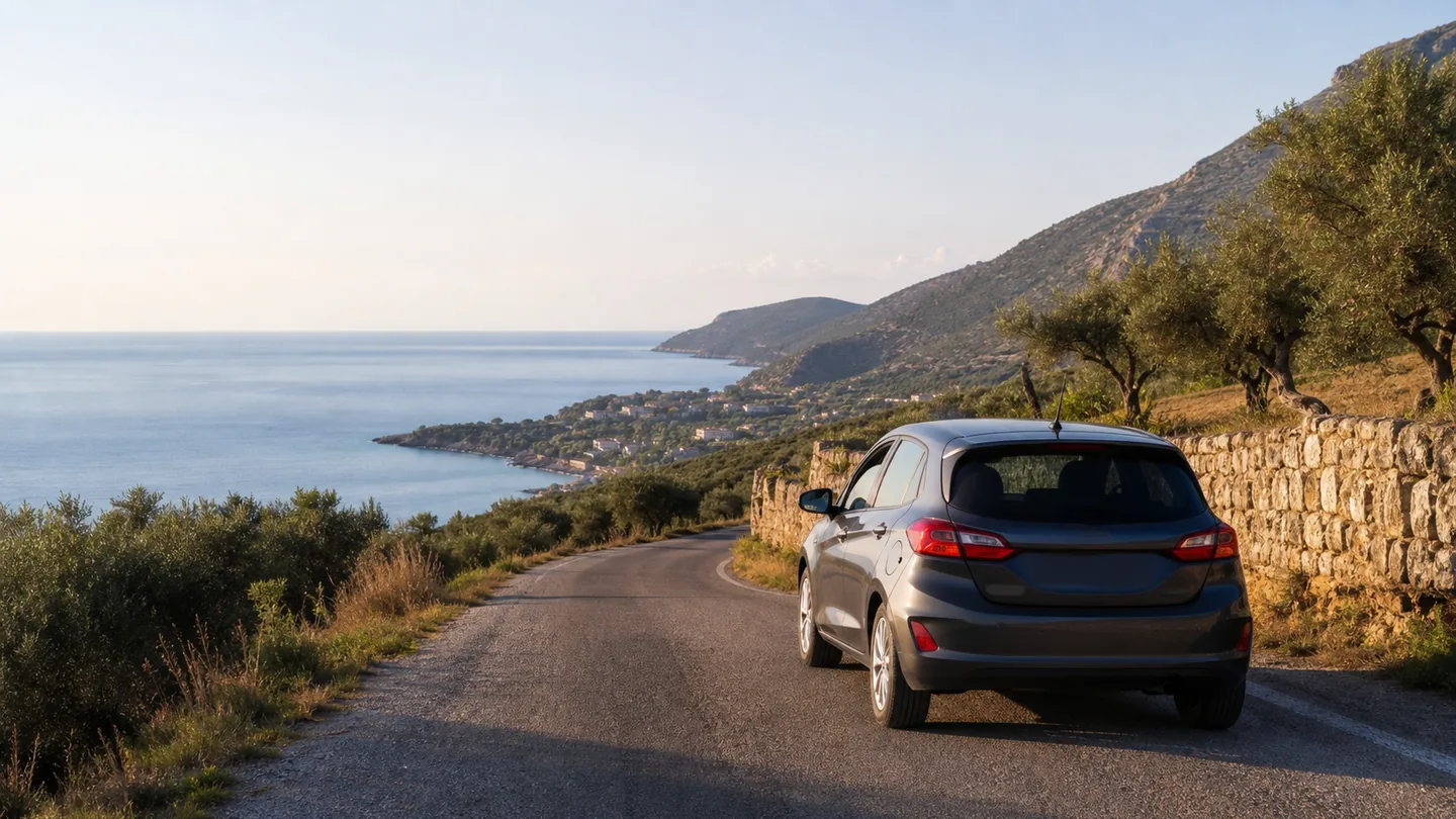 Rental car on a coastal road near Stoupa in the Mani Peninsula