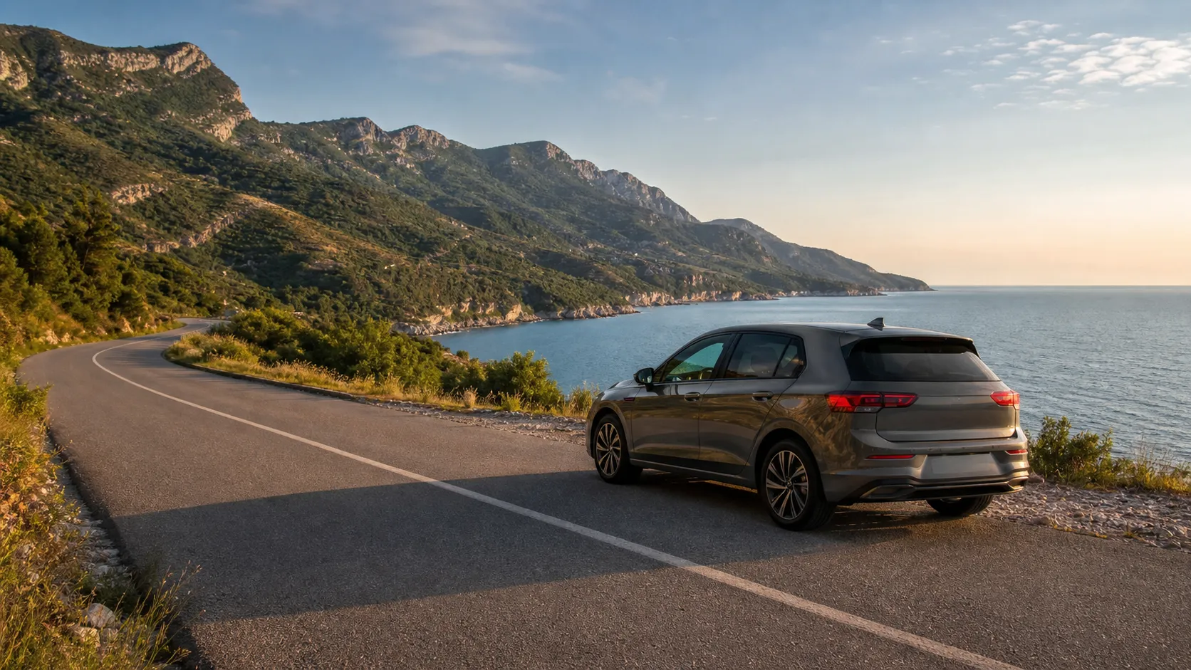 Rental car on a coastal road along the Budva Riviera near Sveti Stefan