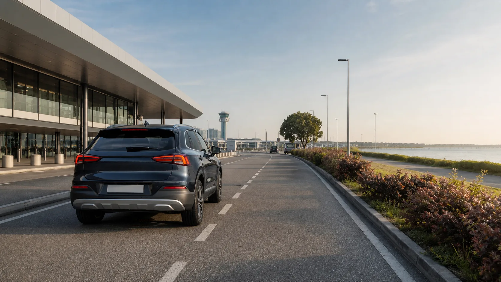 Rental car on the access road beside Venice Marco Polo Airport and the lagoon