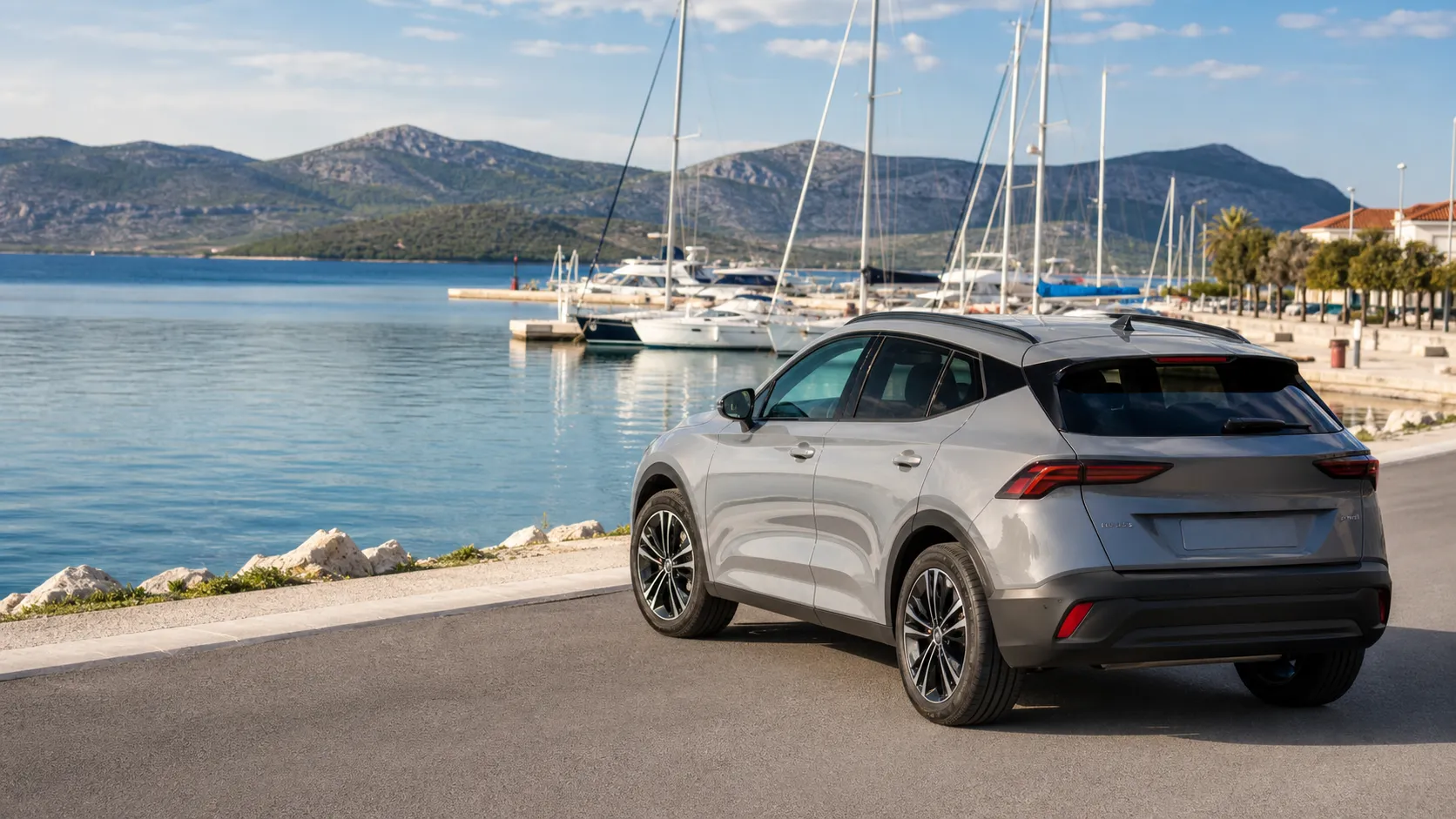 Rental car on a coastal road beside a marina near Zadar Port in Croatia