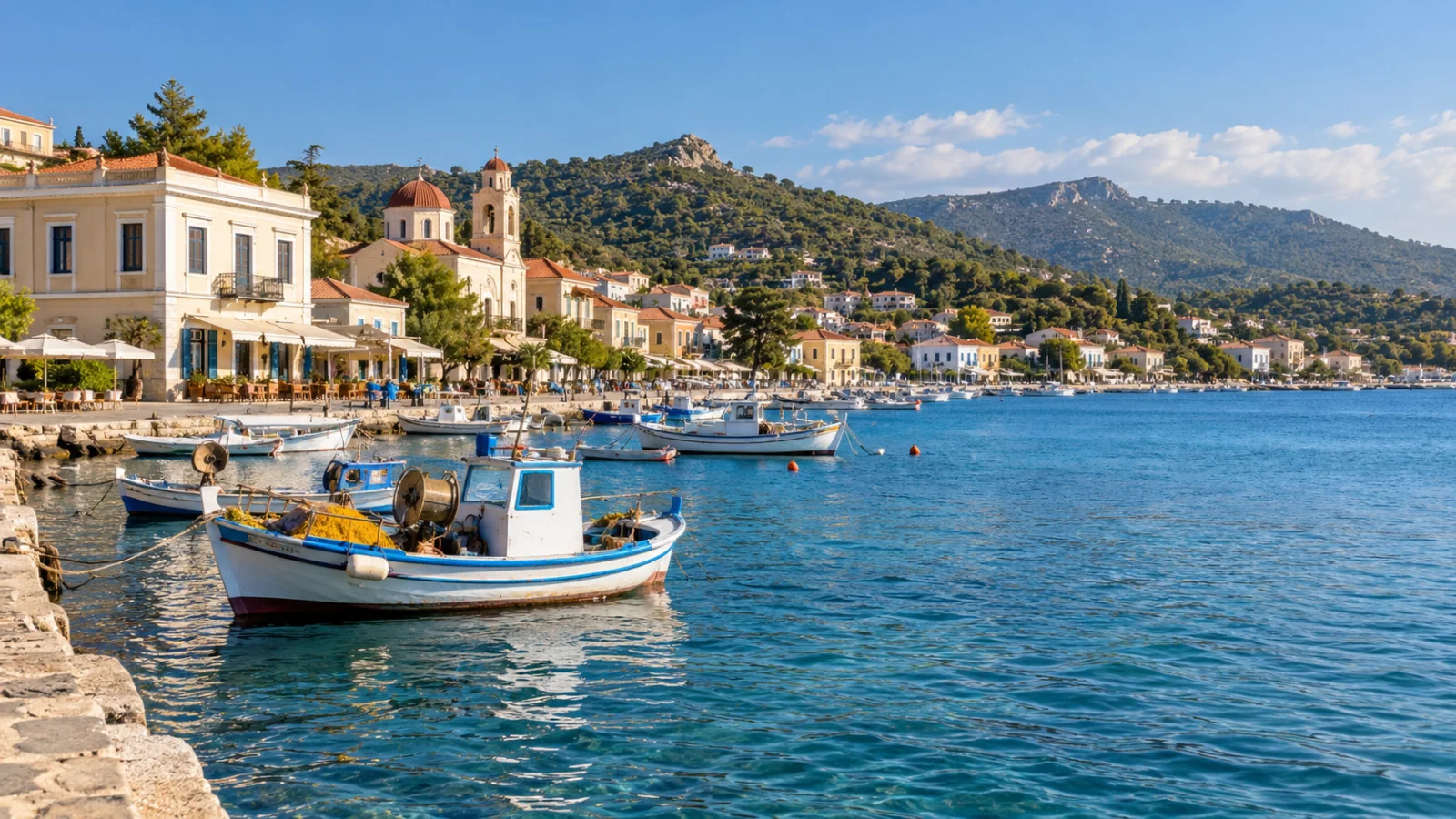 Fishing boats and neoclassical waterfront buildings below hills