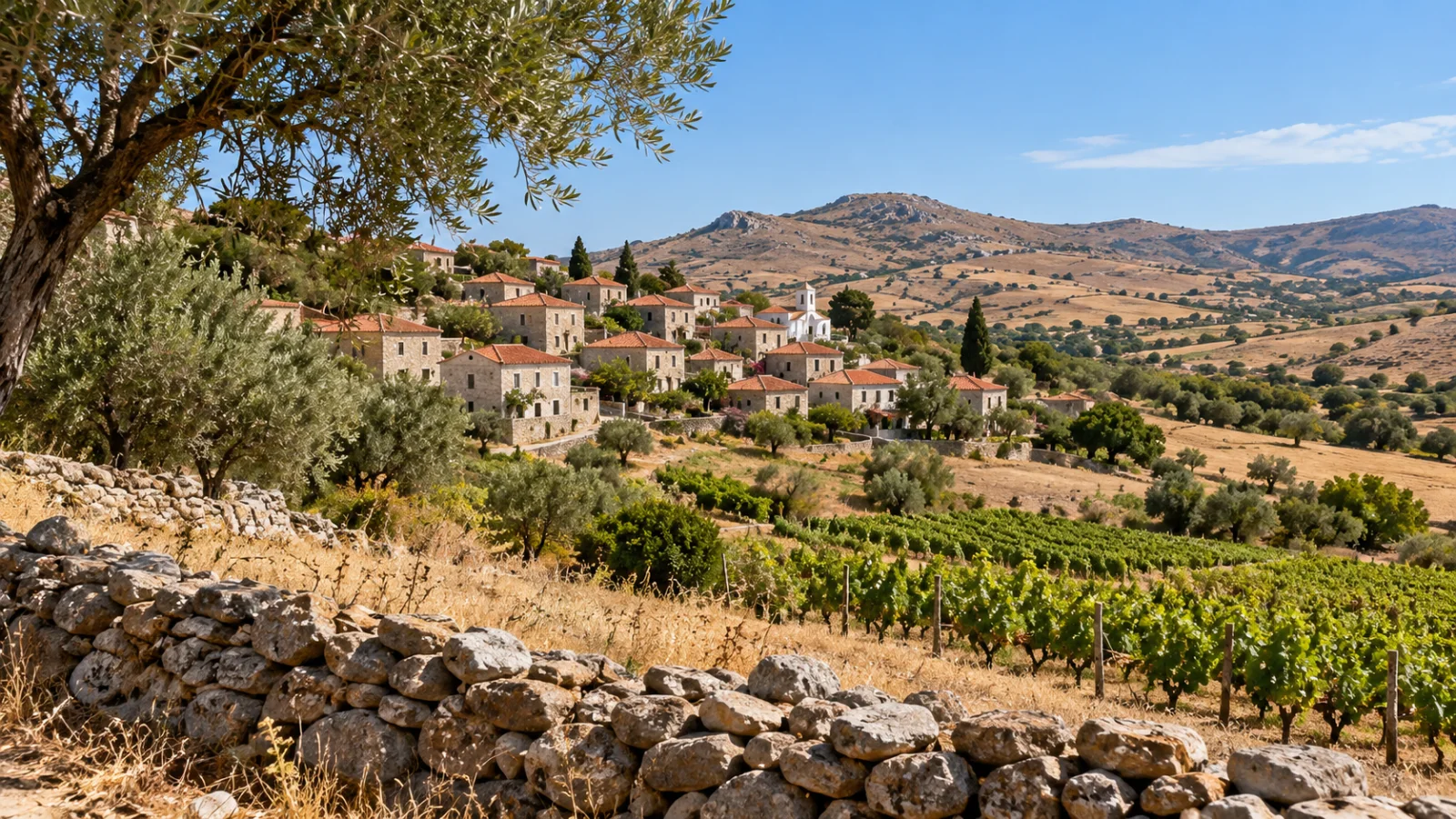 Stone houses and vineyards in rolling dry island countryside