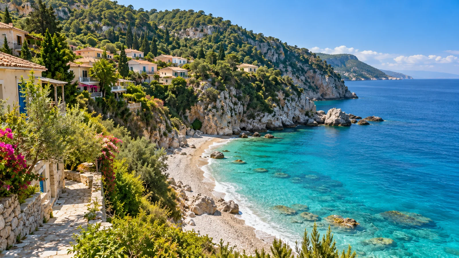 Small pebble cove below wooded limestone cliffs and village houses