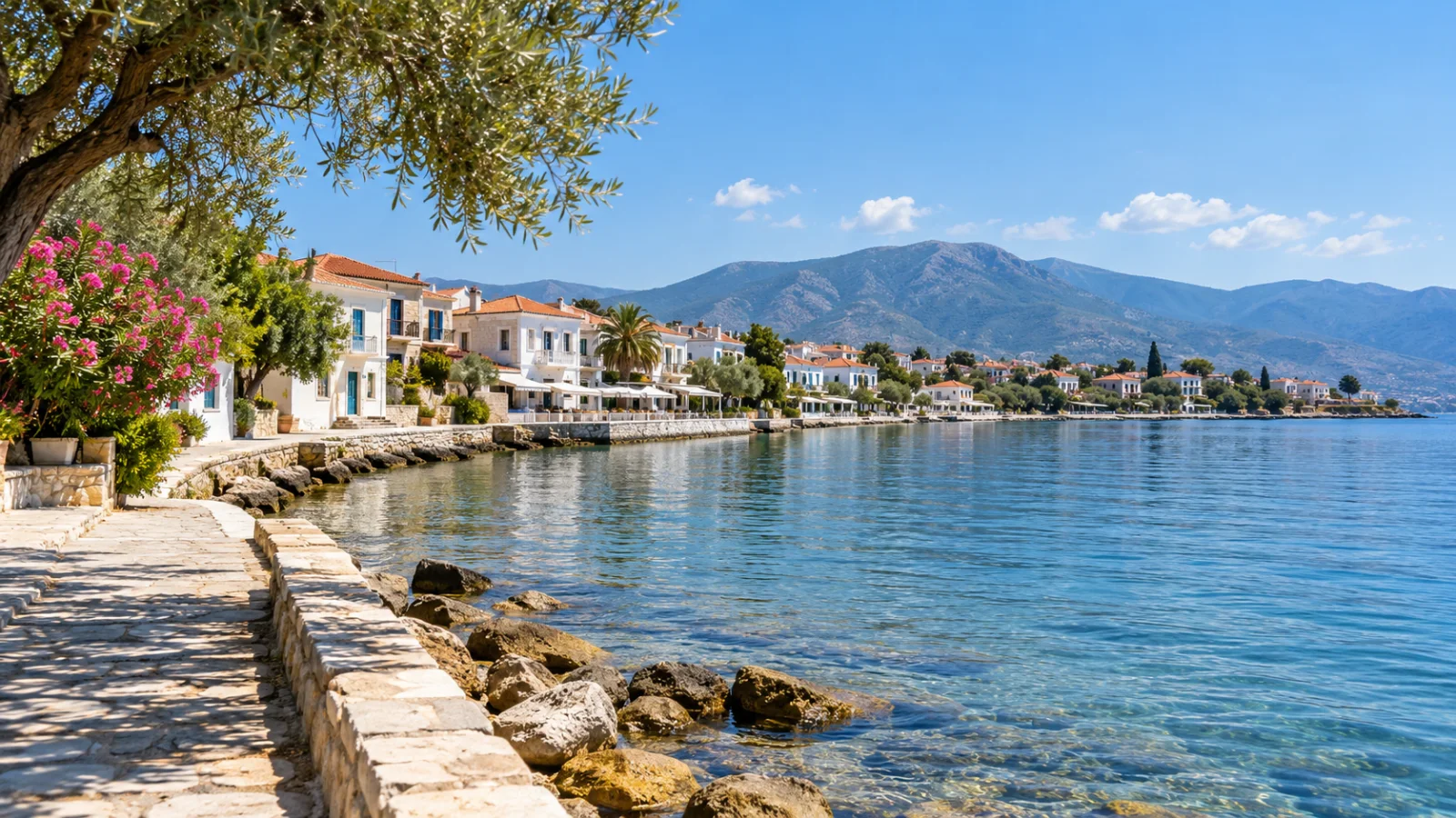 Calm gulf water beside a tiled-roof waterfront town