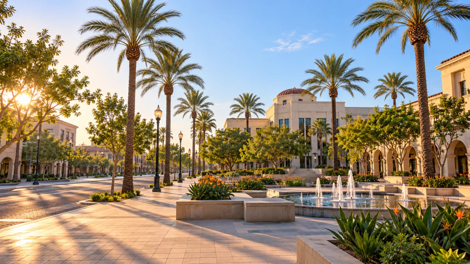 Palm-lined Southern California civic square at sunset