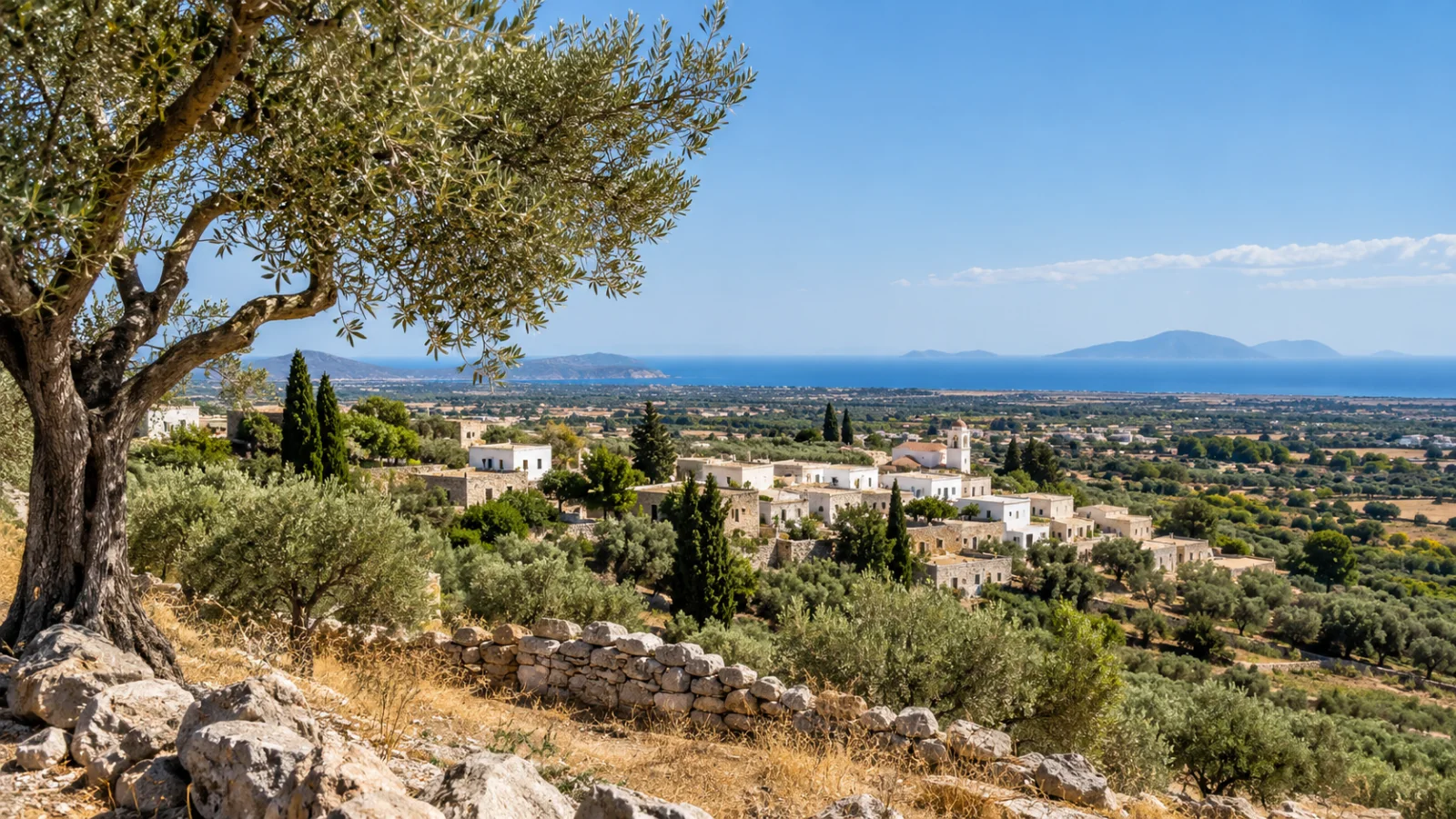 Olive groves and pale village buildings across low countryside