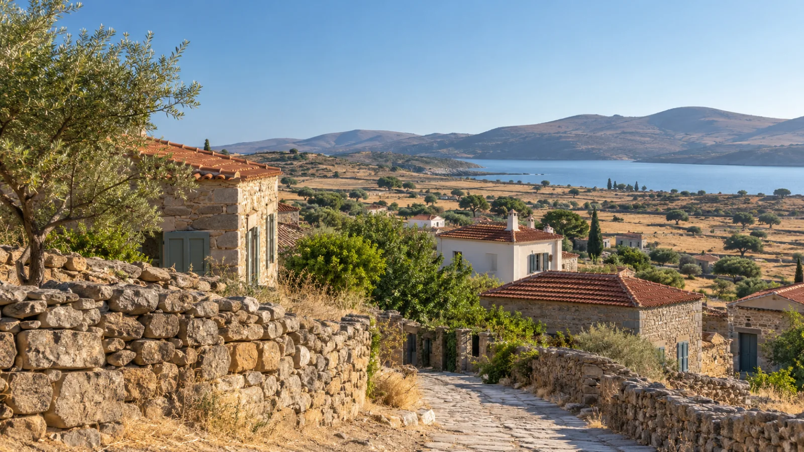 Stone village lane amid dry fields and distant hills