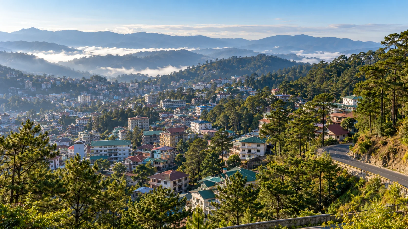 Pine-covered mountain city viewed from an elevated hillside