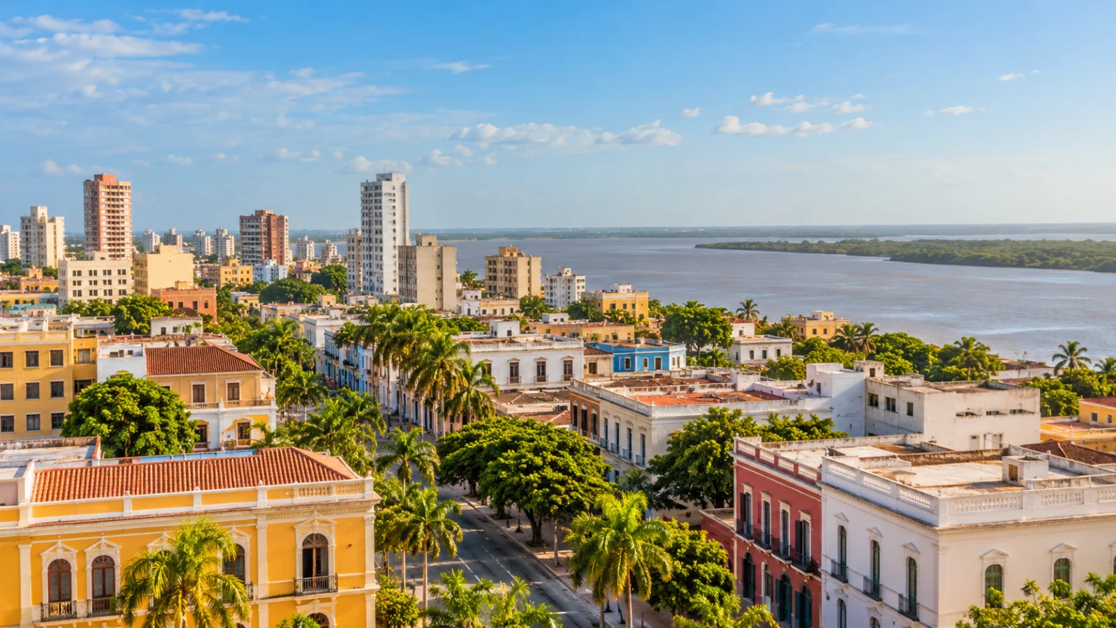 Tropical city district beside a broad river