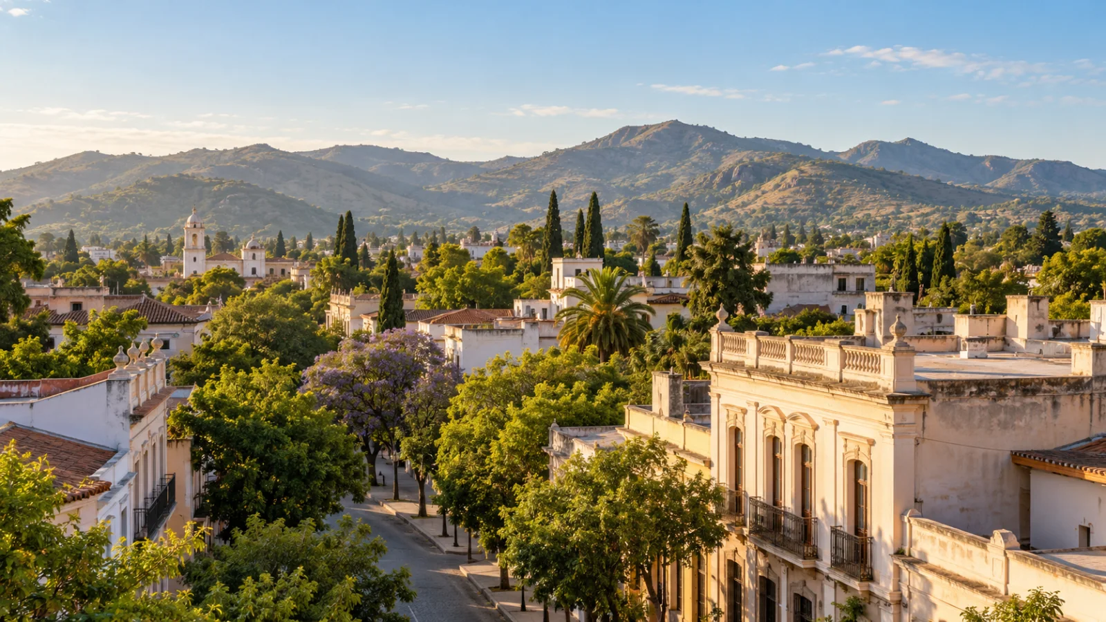 Leafy streets and low-rise buildings beneath rounded hills