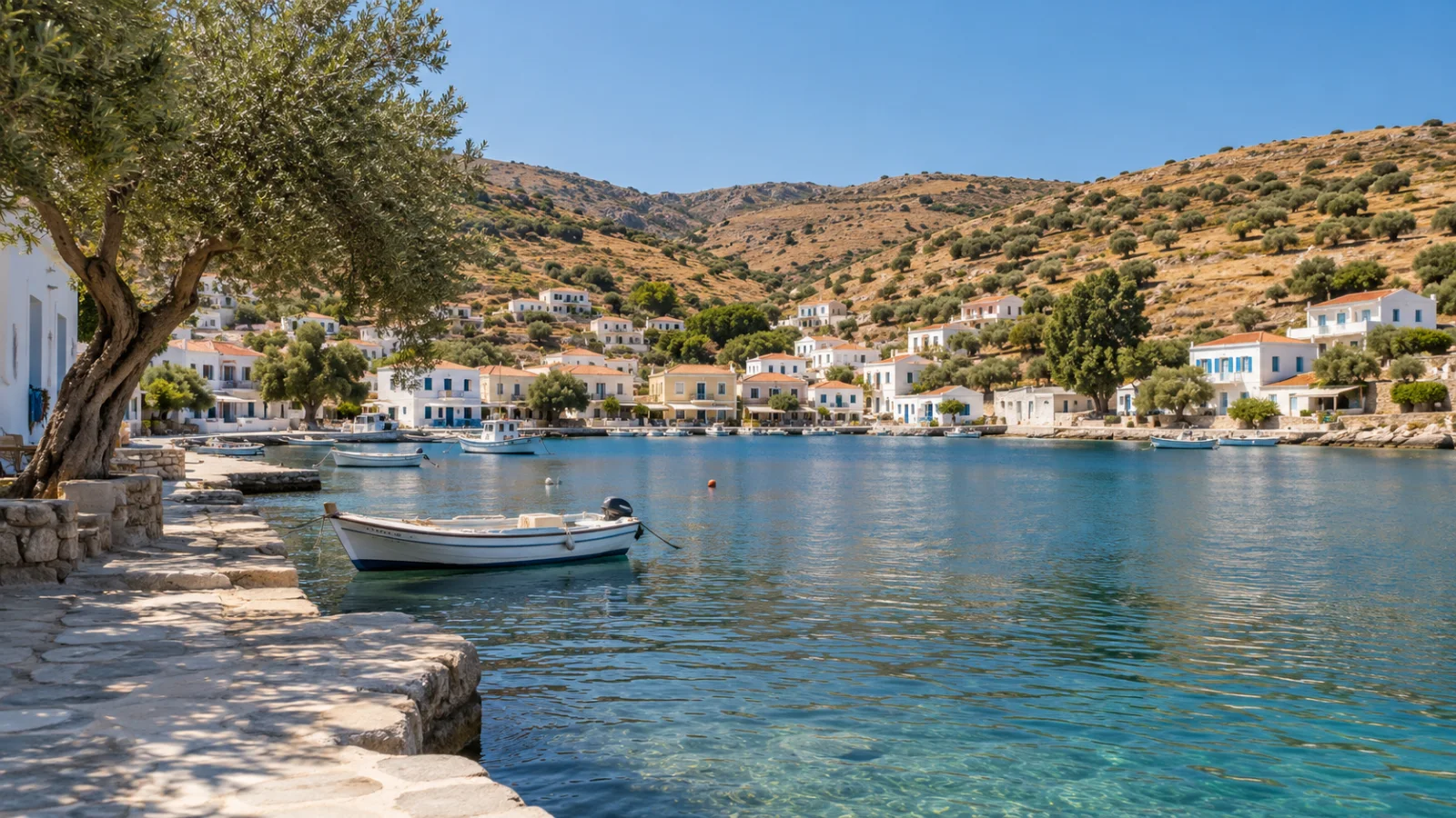 Fishing boat and pale village houses around a sheltered bay